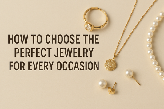 "Flat lay of 925 silver jewelry including a gemstone ring, pendant necklace, pearl stud earrings, and pearl necklace with text 'How to Choose the Perfect Jewelry for Every Occasion'."