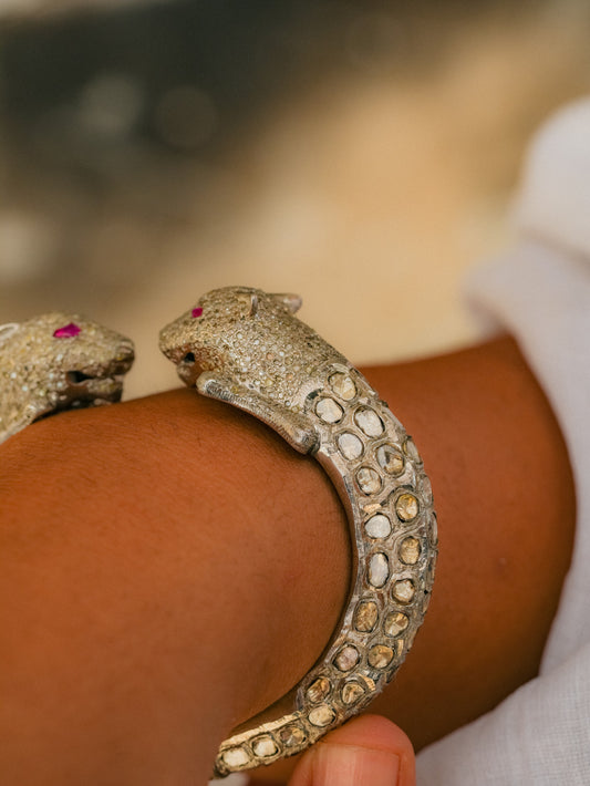 "925 Silver Diamond Panther Bangle with Ruby Eyes"