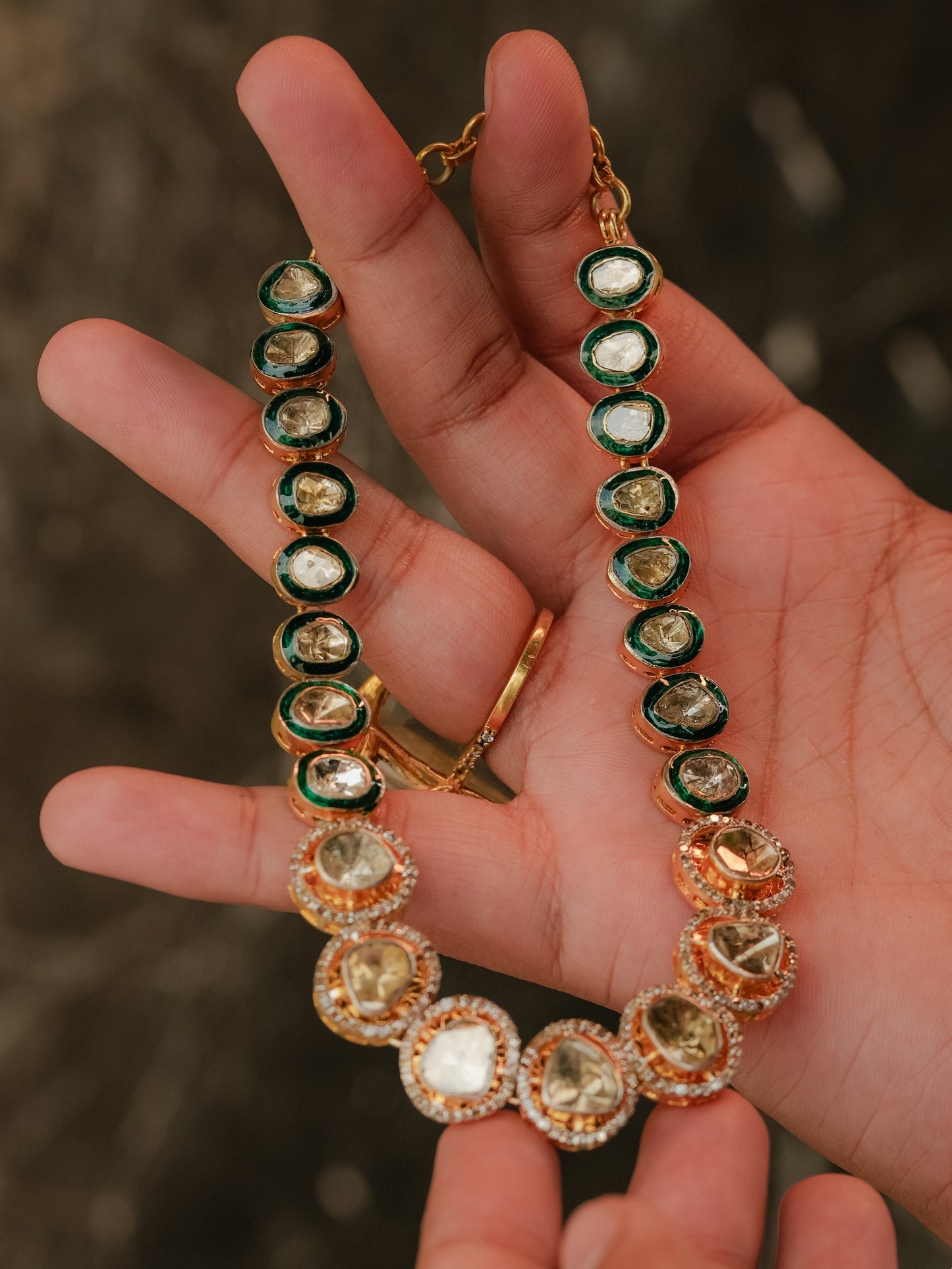 "925 Silver Polki Diamond Necklace with Green Enamel – Custom Jewelry"