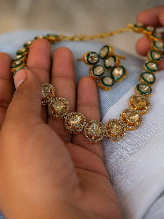 "925 Silver Polki Diamond Necklace with Green Enamel – Custom Jewelry"