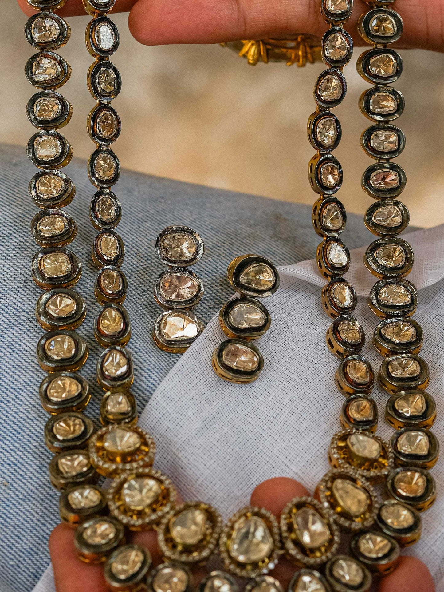 "925 Silver Polki Diamond Custom Necklace Set"