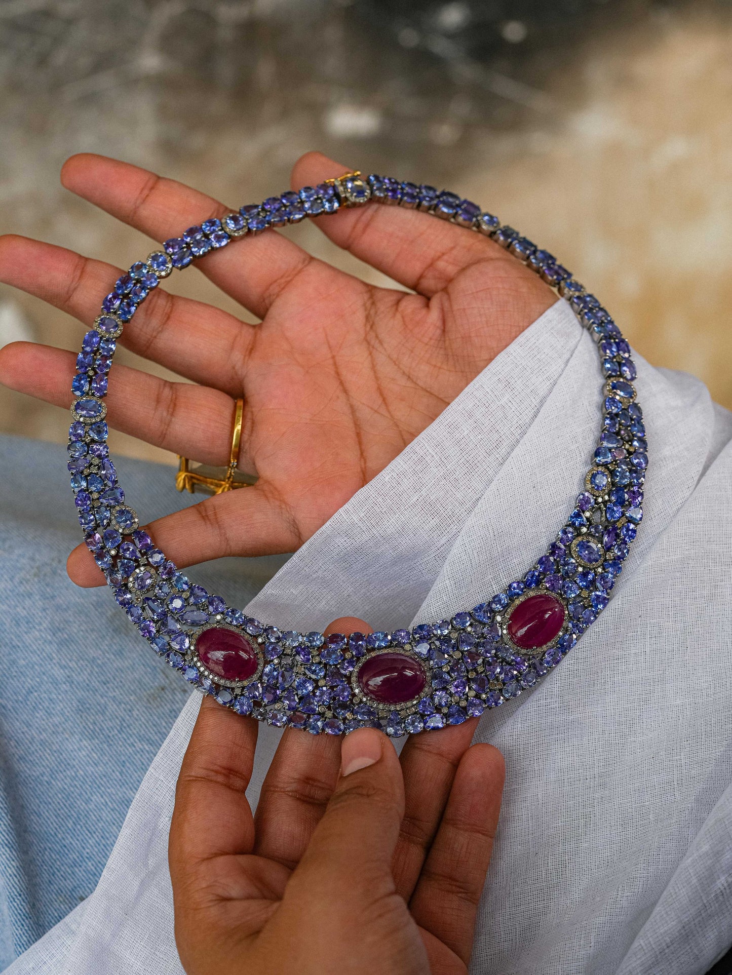 "925 Silver Ruby & Tanzanite Diamond Custom Necklace"