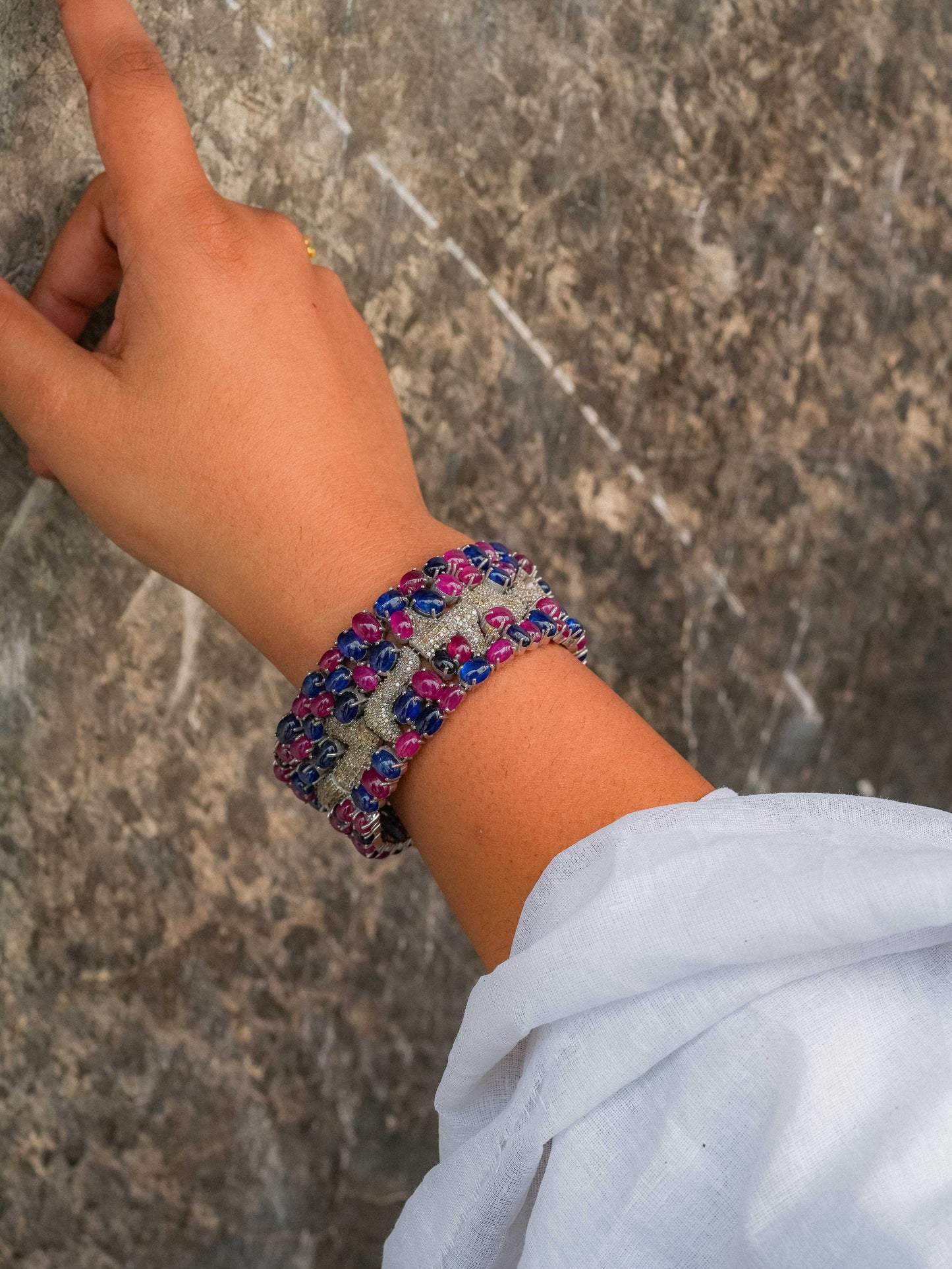 "925 Silver Diamond Bracelet with Ruby & Sapphire Gemstones"