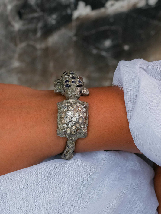 "925 Silver Panther Design Diamond & Gemstone Bangle"