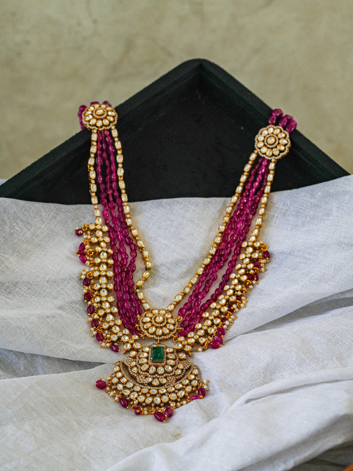 "925 Silver Moissanite Necklace with Ruby Beads & Emerald Center"
