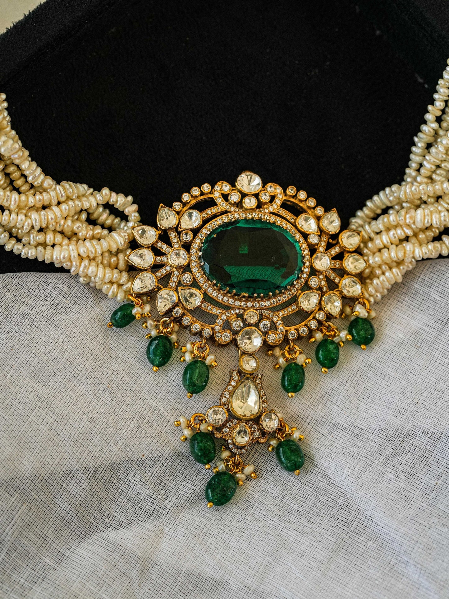 "925 Silver Moissanite Choker with Emerald & Pearl Strands"