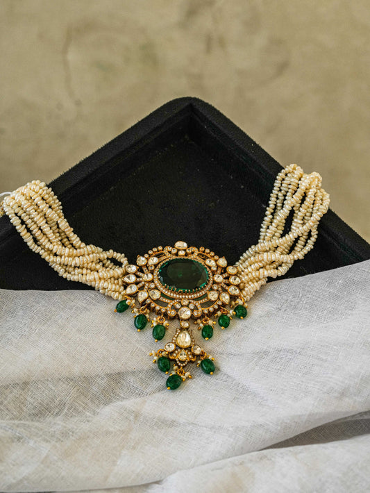 "925 Silver Moissanite Choker with Emerald & Pearl Strands"