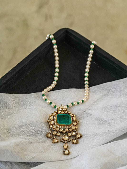 "925 Silver Moissanite Pendant with Pearl & Emerald Accents"