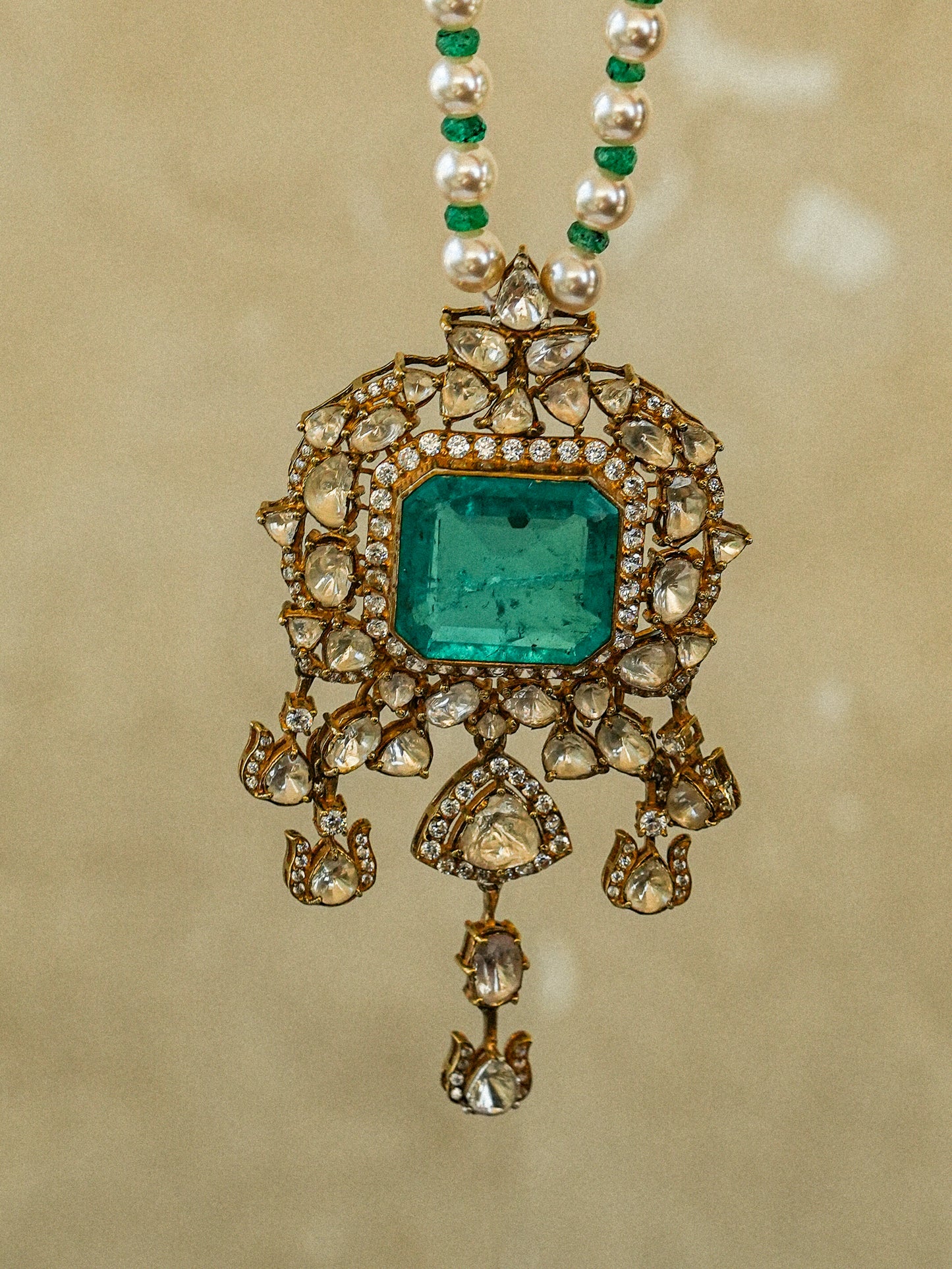 "925 Silver Moissanite Pendant with Pearl & Emerald Accents"