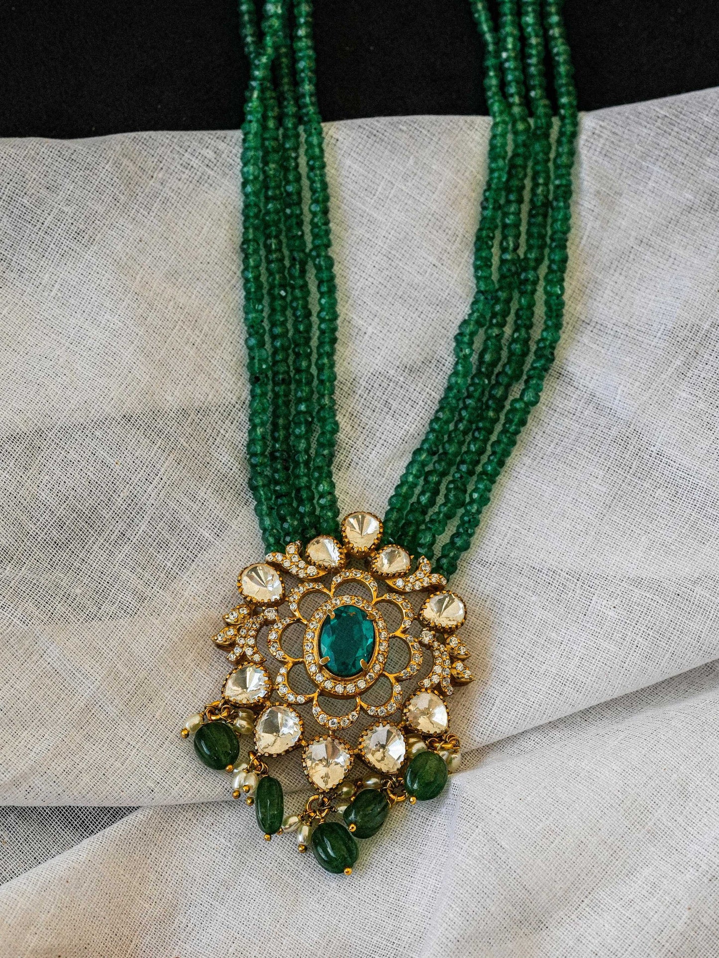 "925 Silver Moissanite Pendant with Emerald Bead Strings"