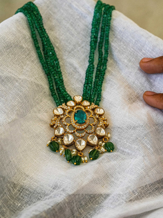 "925 Silver Moissanite Pendant with Emerald Bead Strings"