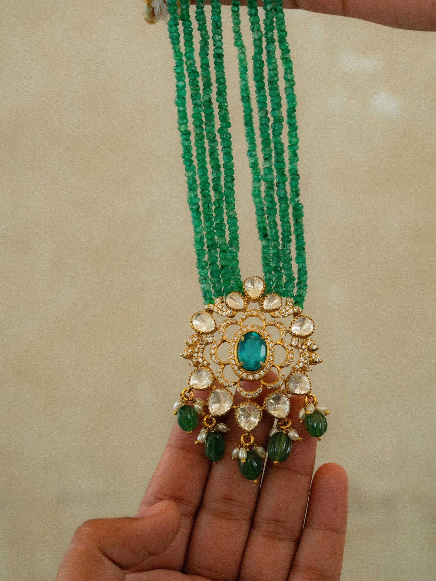 "925 Silver Moissanite Pendant with Emerald Bead Strings"