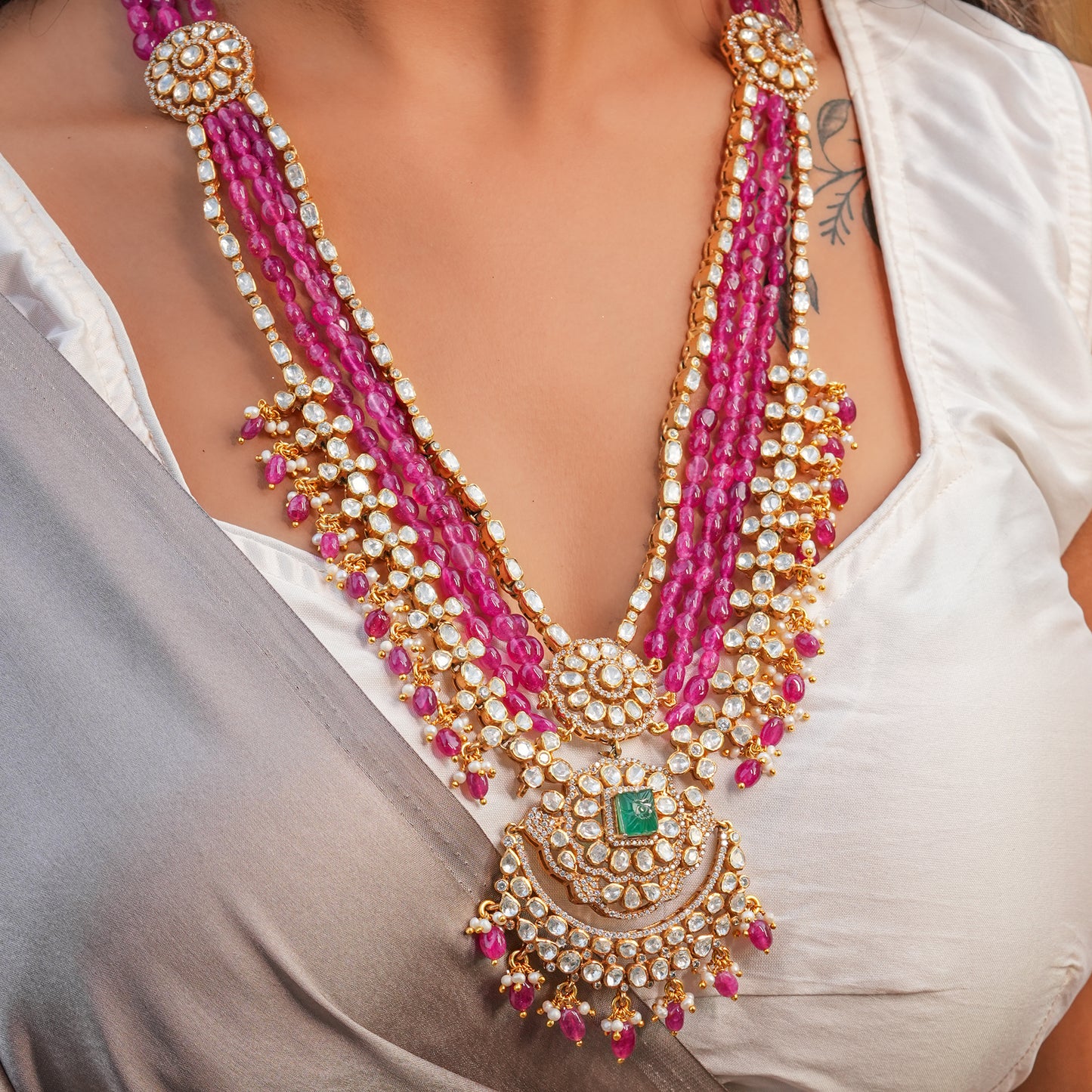 "925 Silver Moissanite Necklace with Ruby Beads & Emerald Center"