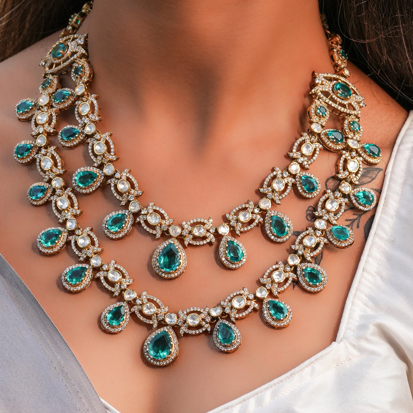 "925 Silver Moissanite Emerald Teardrop Necklace Set"