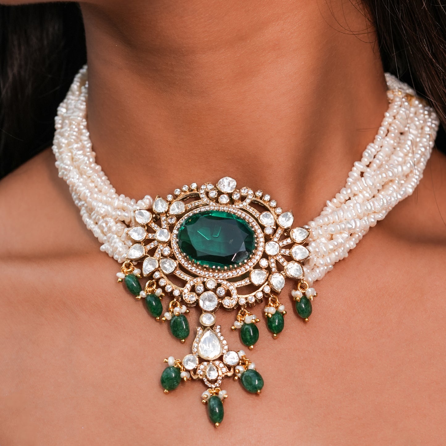 "925 Silver Moissanite Choker with Emerald & Pearl Strands"
