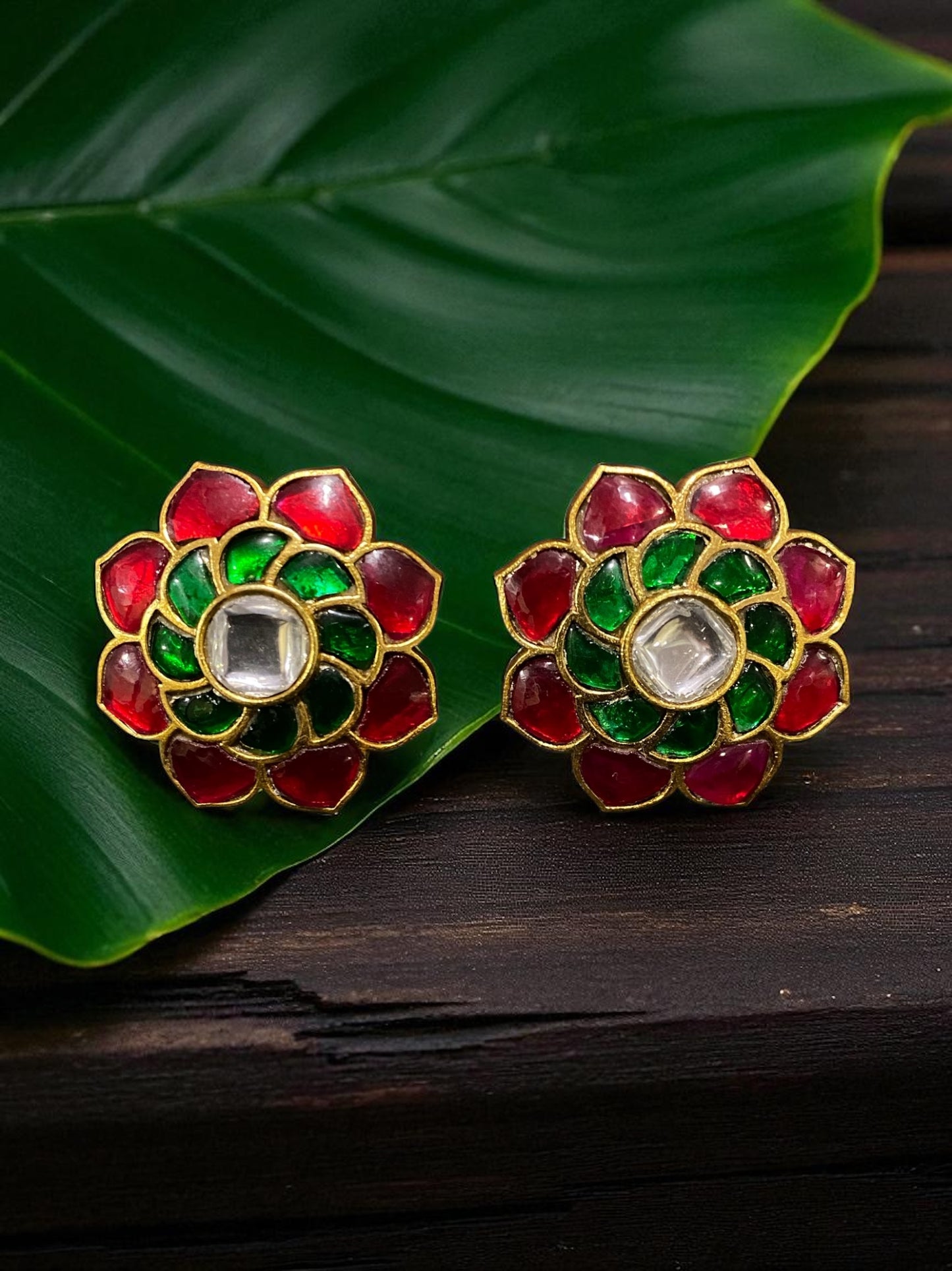 925 Silver Red & Green Lotus Kundan Studs