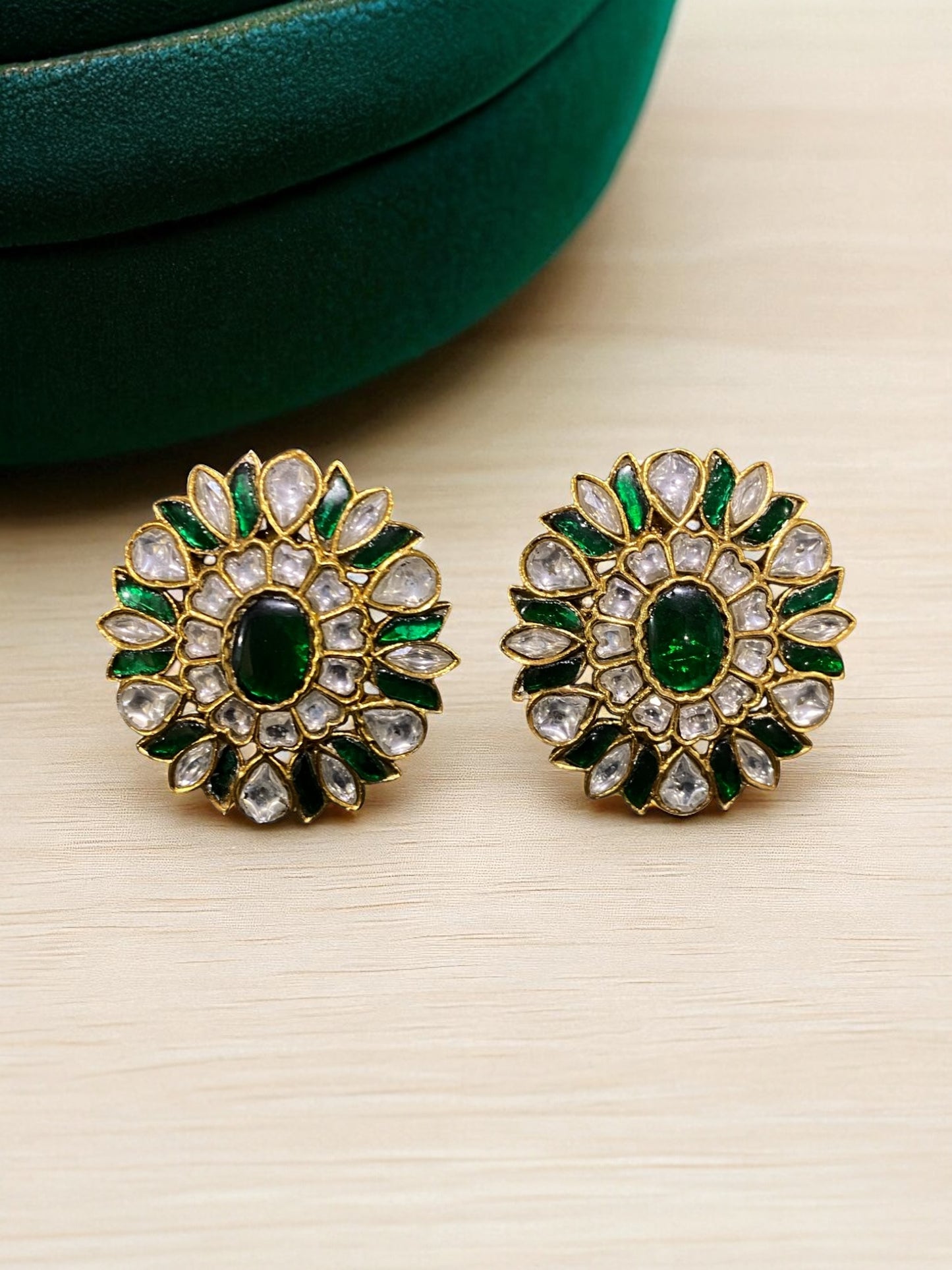 Rajwada Green-White Lotus Kundan Studs