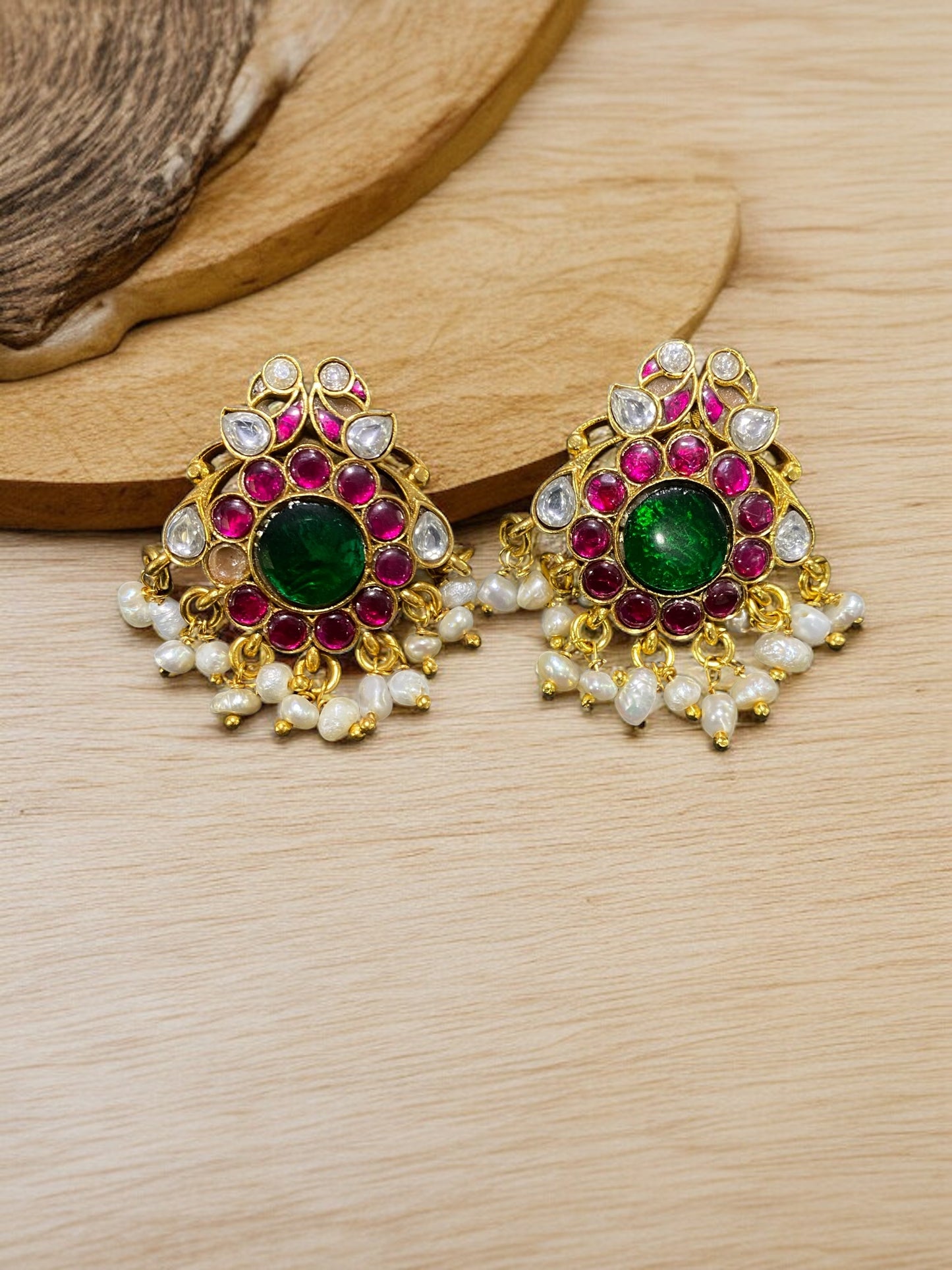 925 Silver Kundan Earrings with Pearl Drops.