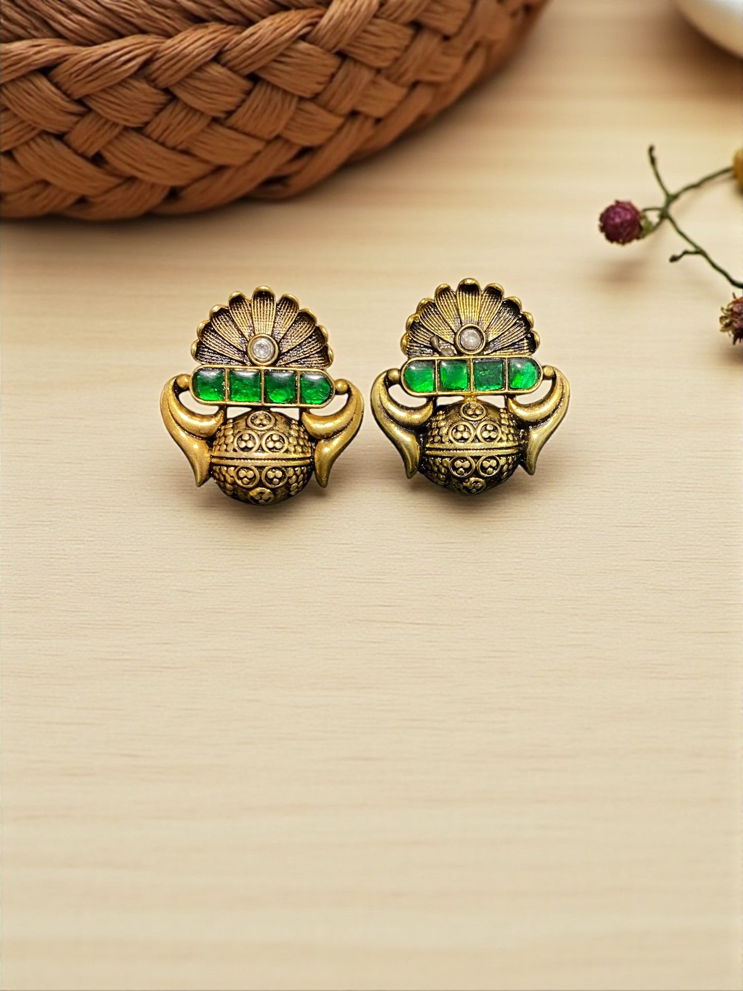 Antique Gold Plated Kundan Earrings with Green Stones