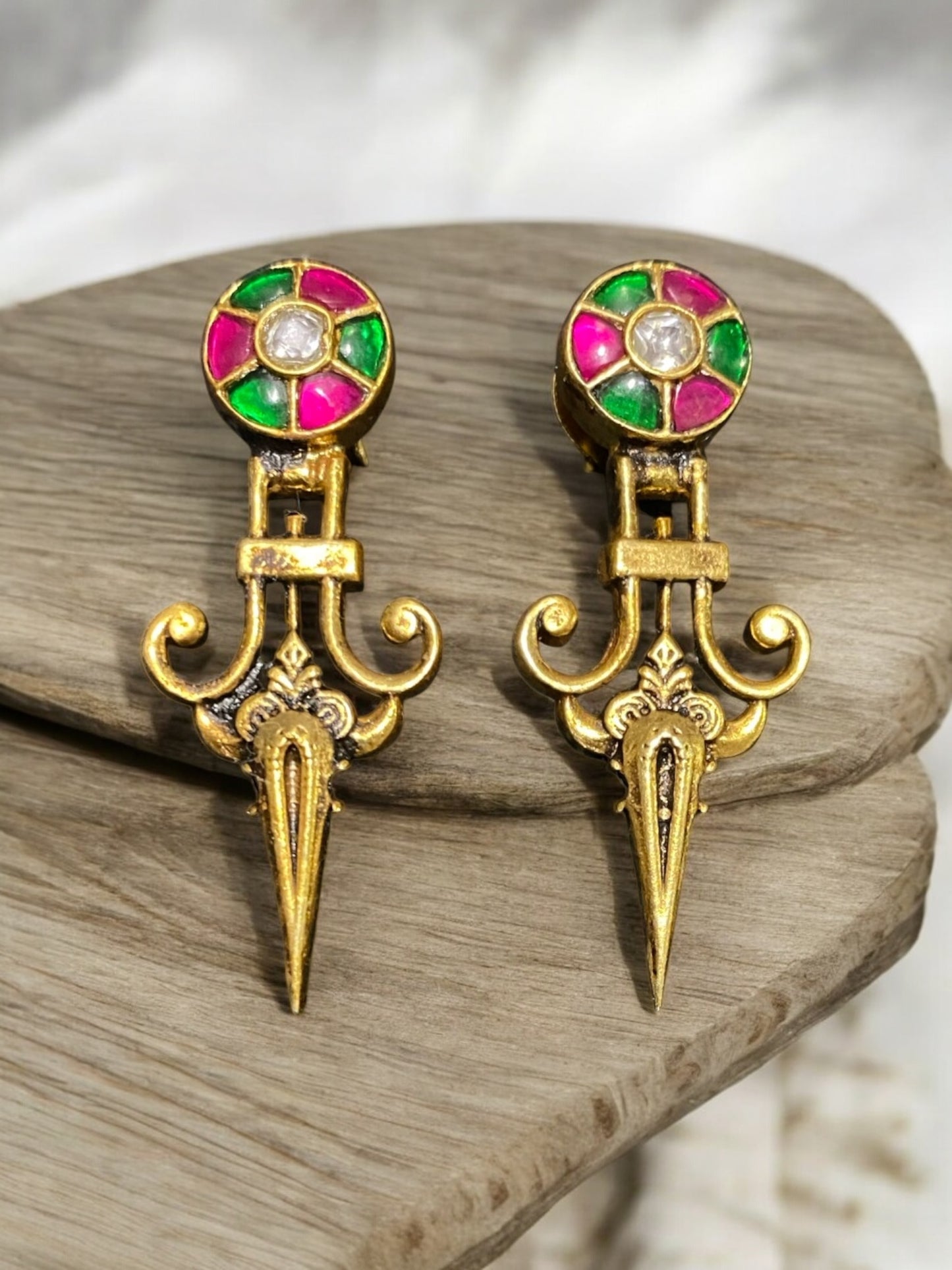 Antique Gold Plated Kundan Drop Earrings