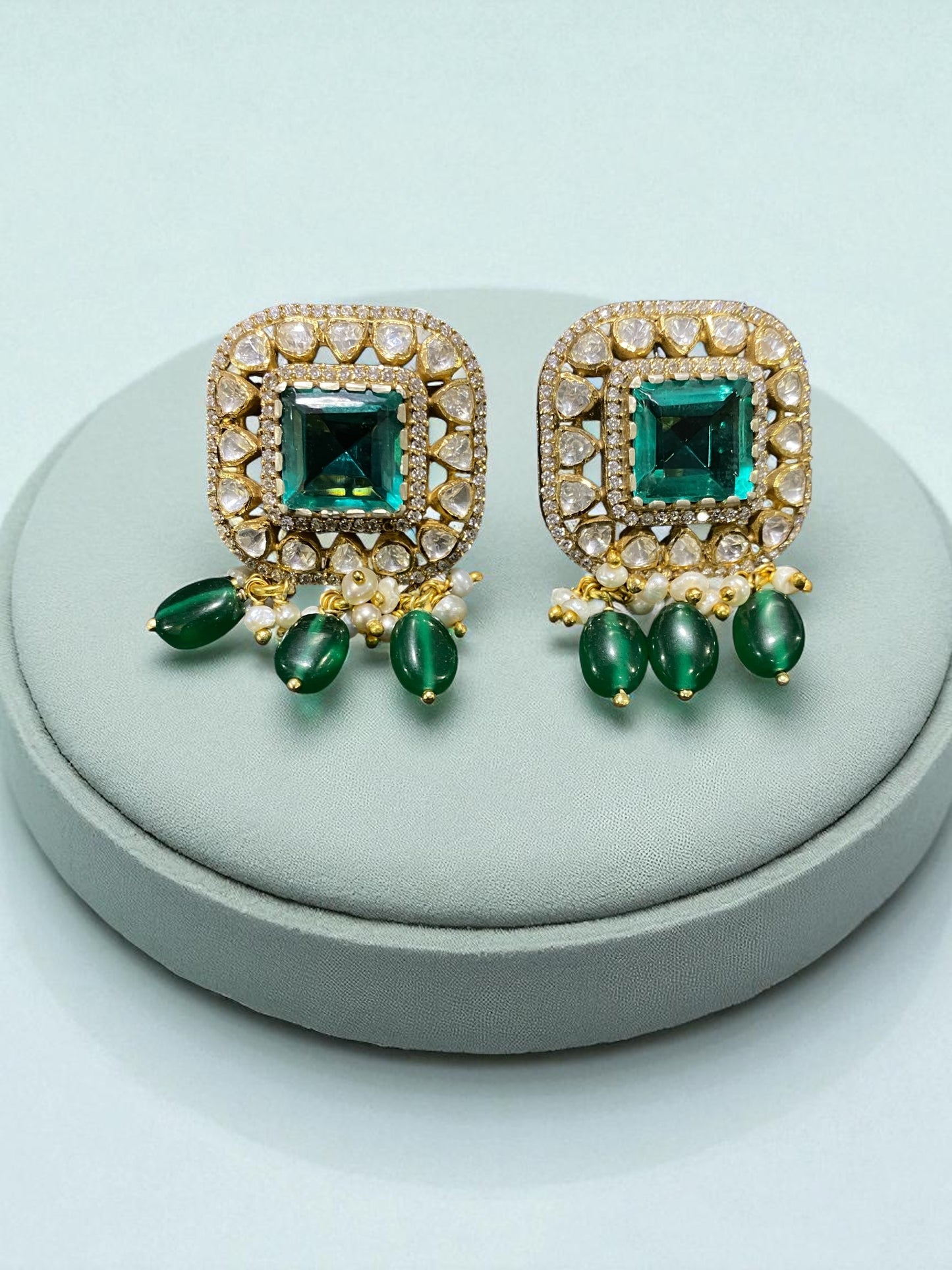 925 Sterling Silver Moissanite & Emerald Drop Earrings