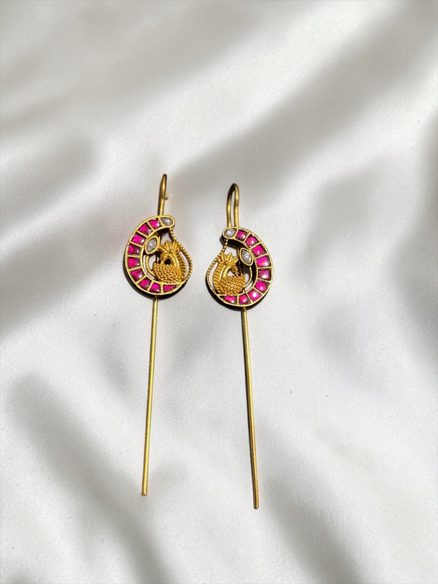 Pink Kundan Peacock Motif 925 Silver Ear Cuff