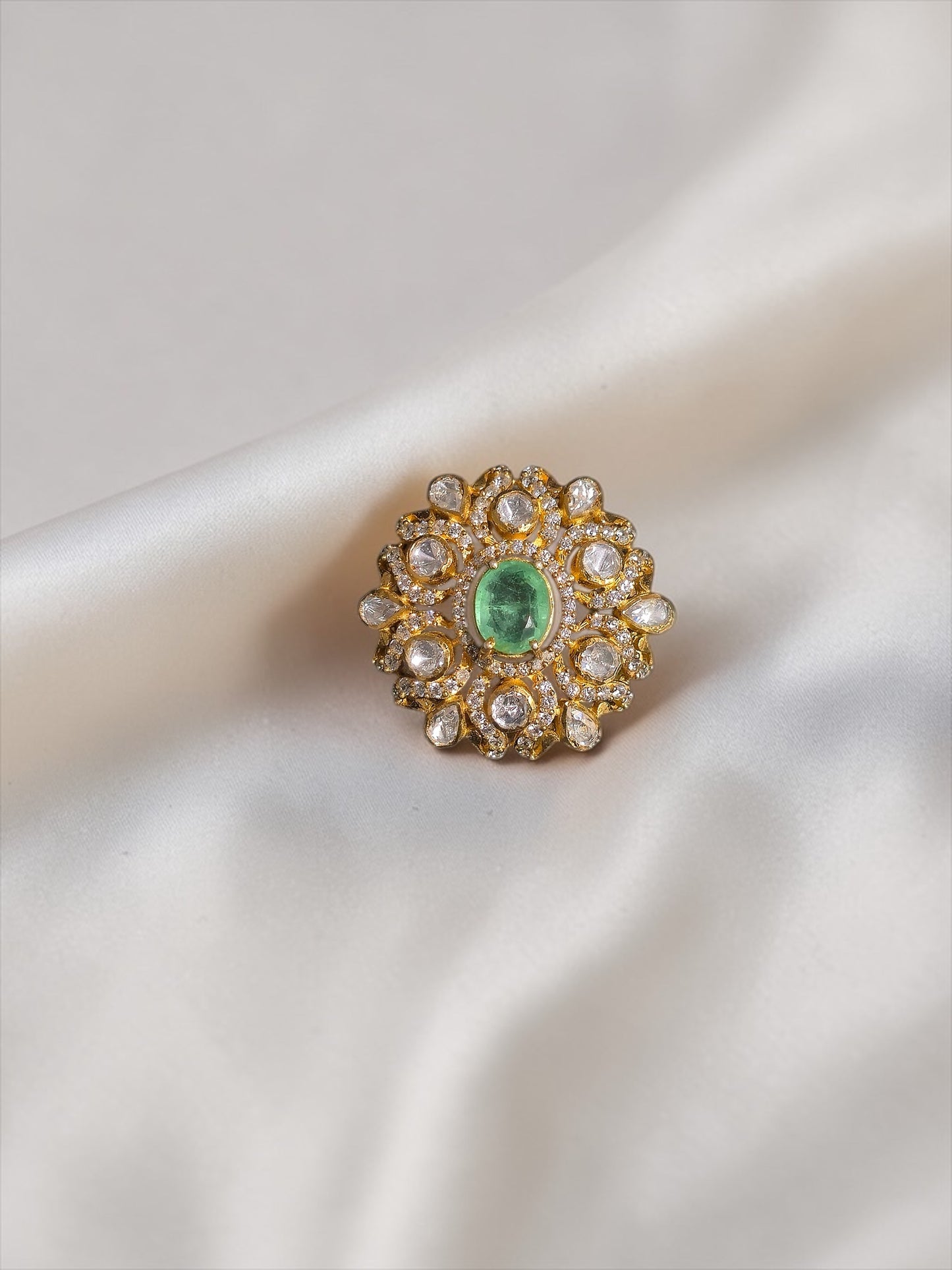 Vintage Silver Emerald & Moissanite Sunburst