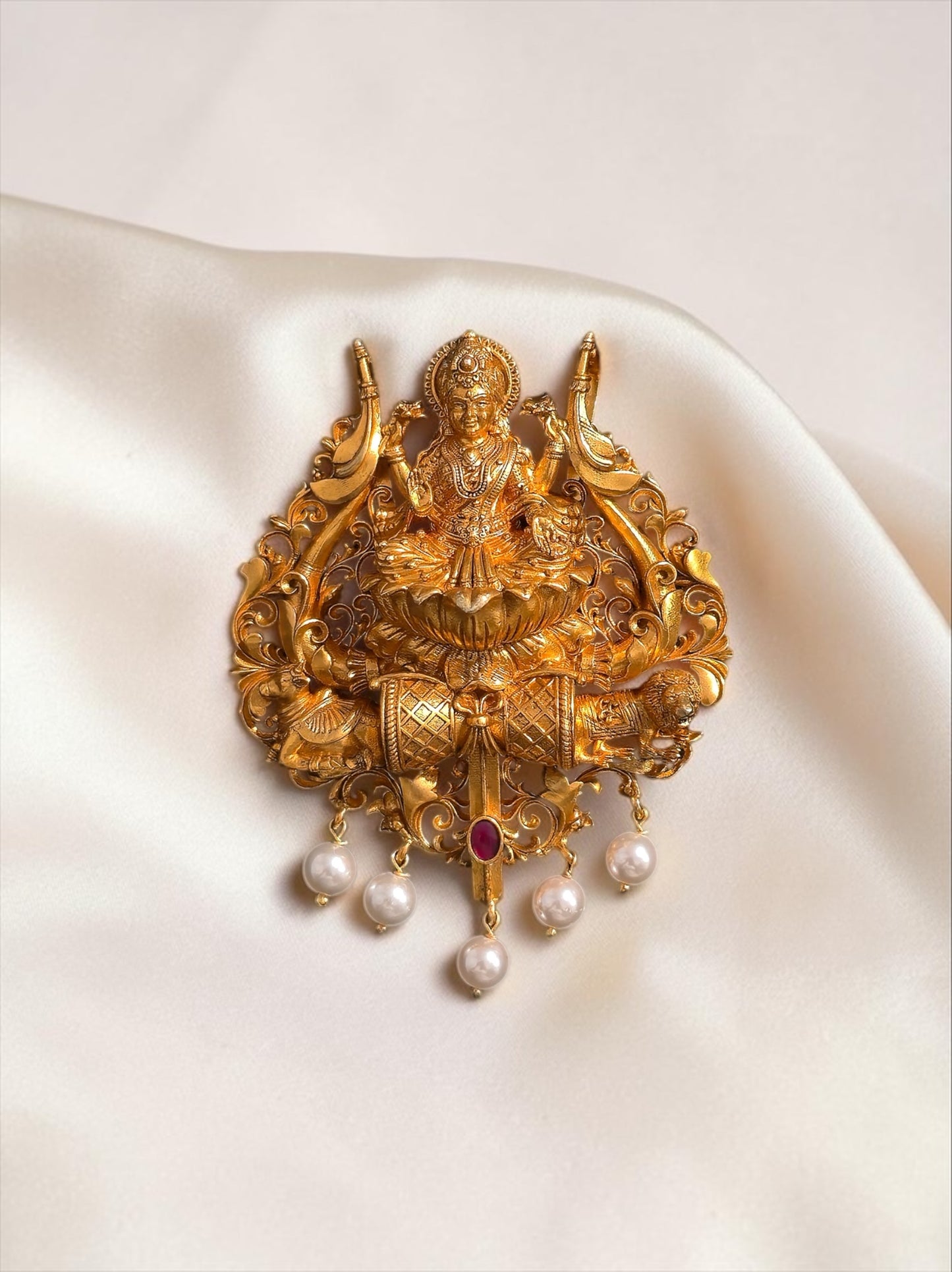 Traditional Lakshmi Temple Pendant with Pearl Drops