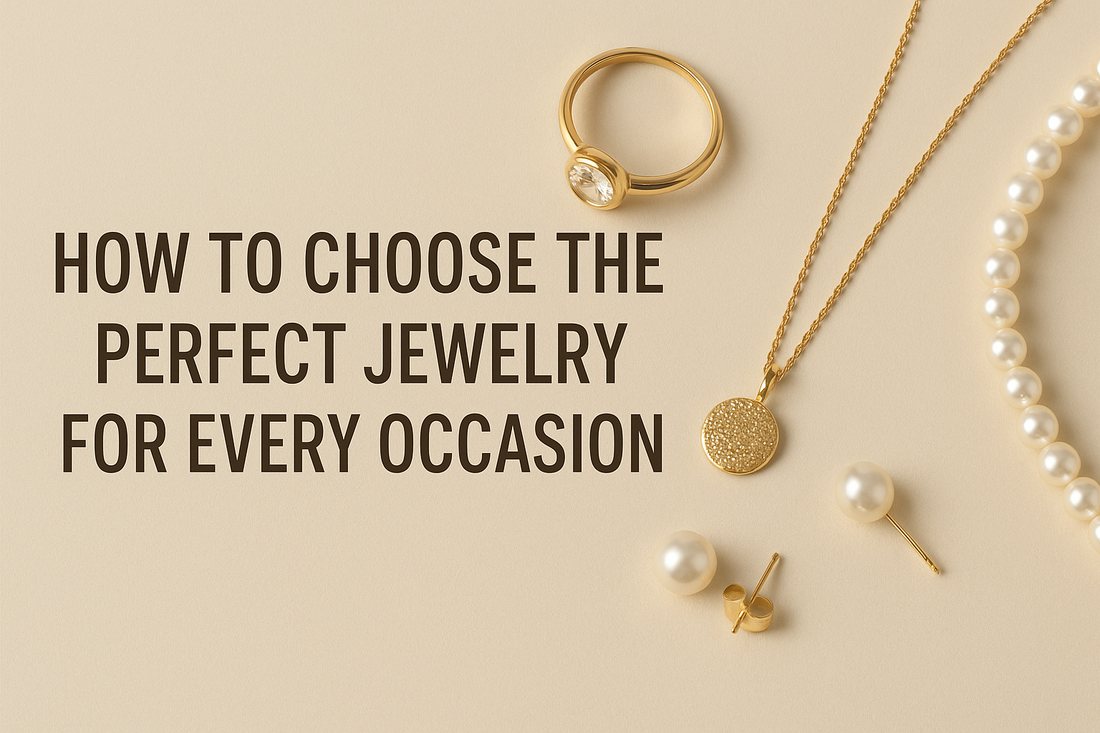 "Flat lay of 925 silver jewelry including a gemstone ring, pendant necklace, pearl stud earrings, and pearl necklace with text 'How to Choose the Perfect Jewelry for Every Occasion'."