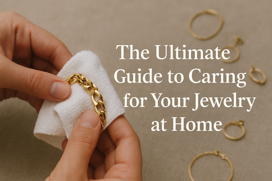 "Hands polishing a 925 silver gold-plated chain bracelet with a soft cloth, with matching rings and earrings in the background, next to text 'The Ultimate Guide to Caring for Your Jewelry at Home'."