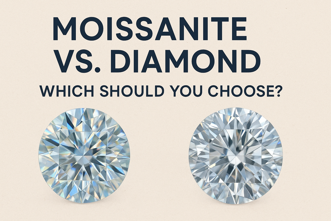 "MOISSANITE VS. DIAMOND: WHICH SHOULD YOU CHOOSE?" text above two brilliant-cut, round, colorless gemstones, one on the left (Moissanite) and one on the right (Diamond), set against a light beige background.
