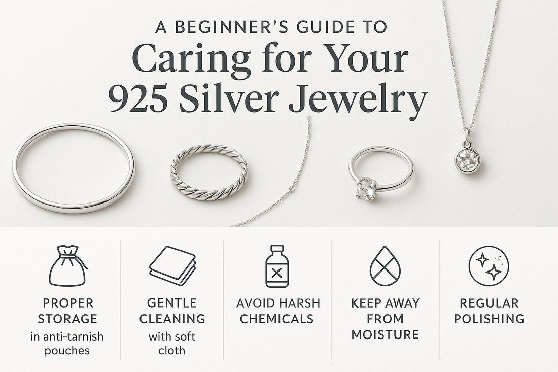 “A beginner’s guide to caring for 925 silver jewelry showing silver rings, bracelet, and necklace with tips: proper storage in anti-tarnish pouches, gentle cleaning with a soft cloth, avoid harsh chemicals, keep away from moisture, and regular polishing.”