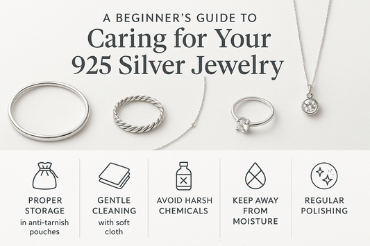 “A beginner’s guide to caring for 925 silver jewelry showing silver rings, bracelet, and necklace with tips: proper storage in anti-tarnish pouches, gentle cleaning with a soft cloth, avoid harsh chemicals, keep away from moisture, and regular polishing.”