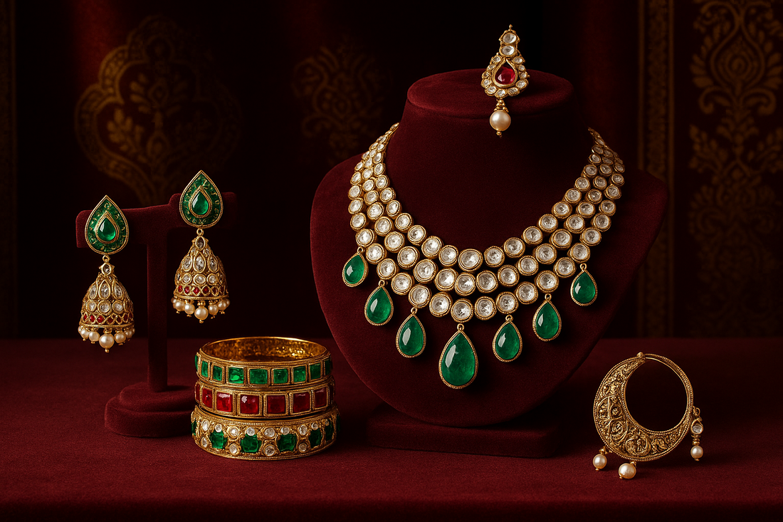 “Elegant traditional Jaipur jewelry set displayed on a maroon velvet background, featuring a gold and green Kundan necklace, matching earrings, bangles with red and green gemstones, and a gold jhumka earring with pearls.”