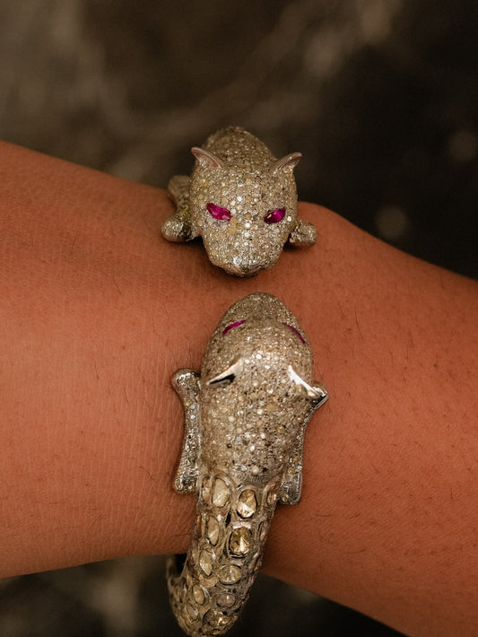 "925 Silver Diamond Panther Bangle with Ruby Eyes"