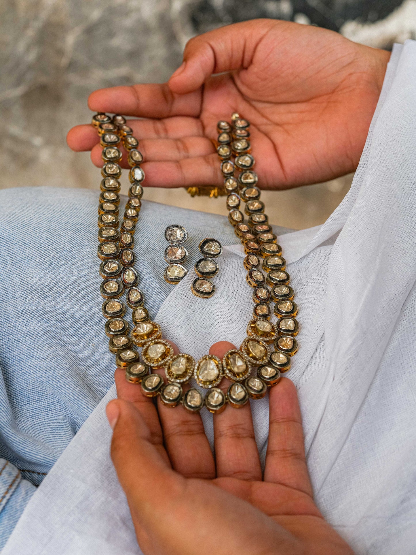 "925 Silver Polki Diamond Custom Necklace Set"