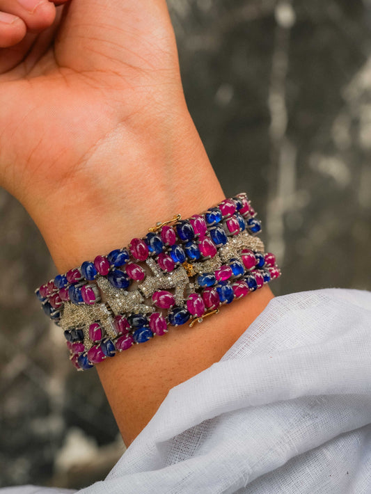 "925 Silver Diamond Bracelet with Ruby & Sapphire Gemstones"