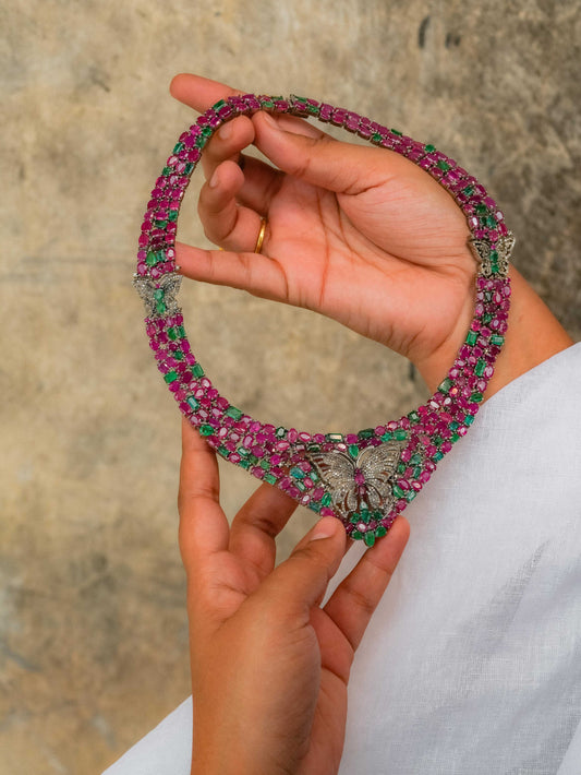 "925 Silver Ruby, Emerald & Diamond Butterfly Necklace"