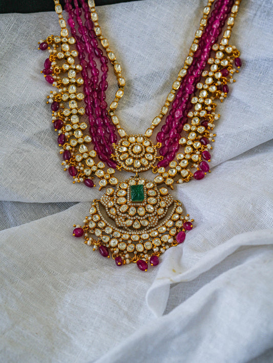 "925 Silver Moissanite Necklace with Ruby Beads & Emerald Center"