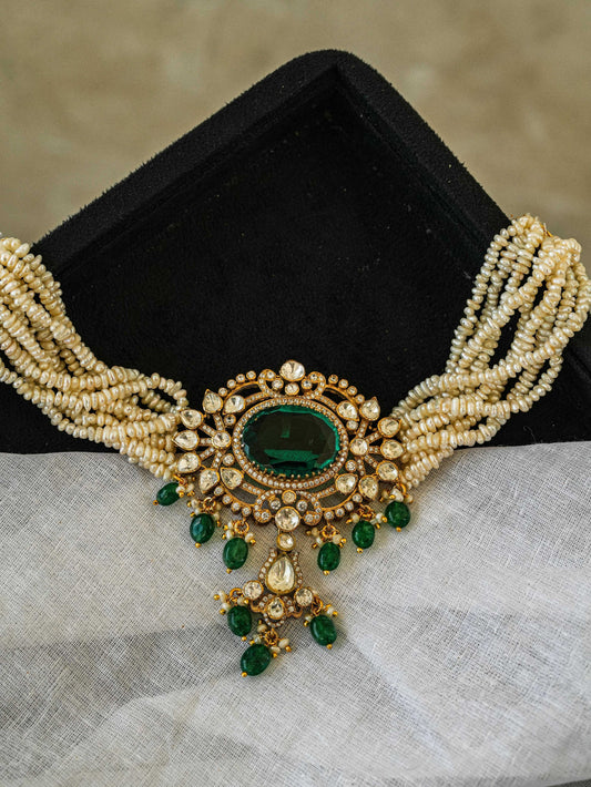 "925 Silver Moissanite Choker with Emerald & Pearl Strands"