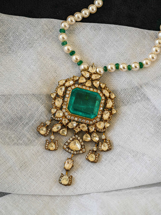 "925 Silver Moissanite Pendant with Pearl & Emerald Accents"