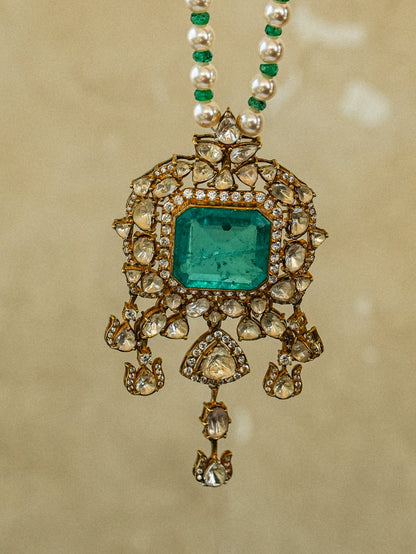 "925 Silver Moissanite Pendant with Pearl & Emerald Accents"