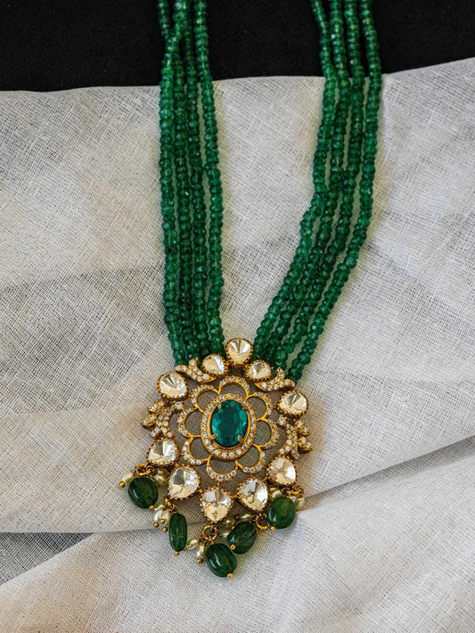 "925 Silver Moissanite Pendant with Emerald Bead Strings"