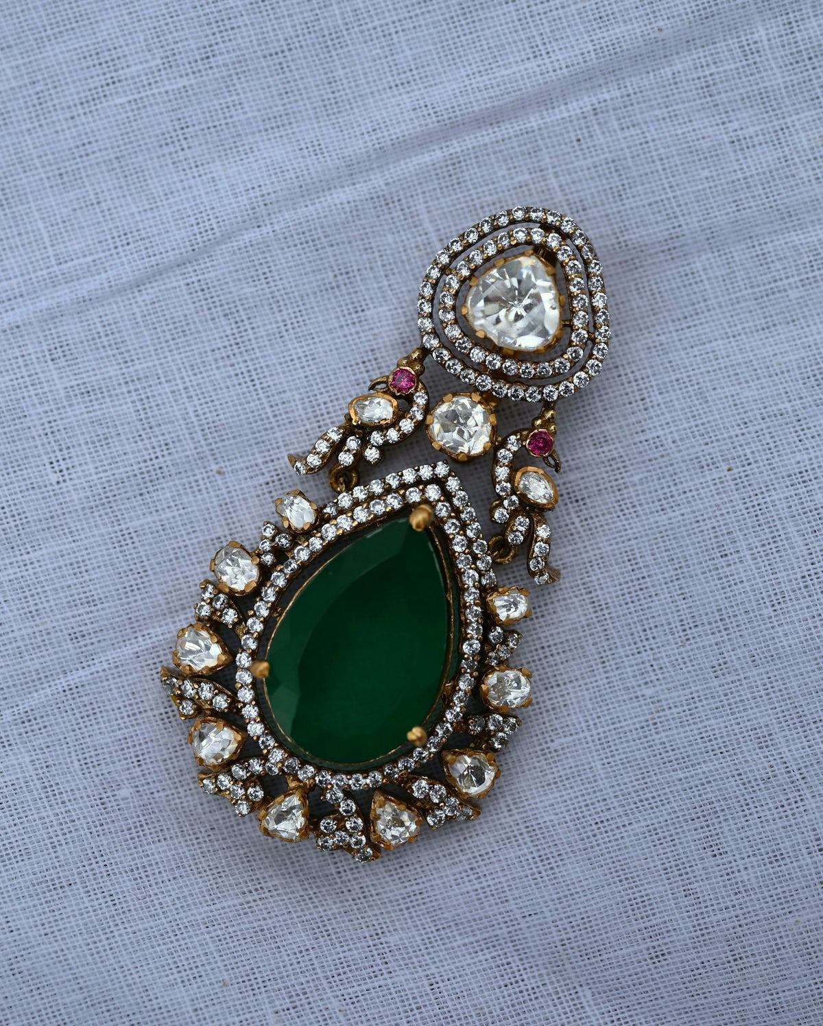 Victorian Teardrop Emerald Moissanite Polki Pendant Set