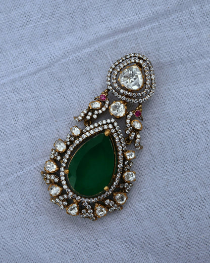 Victorian Teardrop Emerald Moissanite Polki Pendant Set