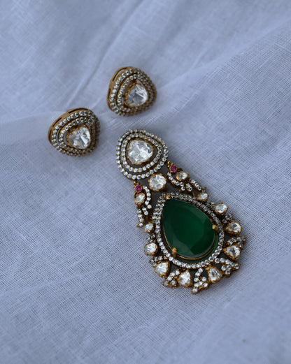 Victorian Teardrop Emerald Moissanite Polki Pendant Set