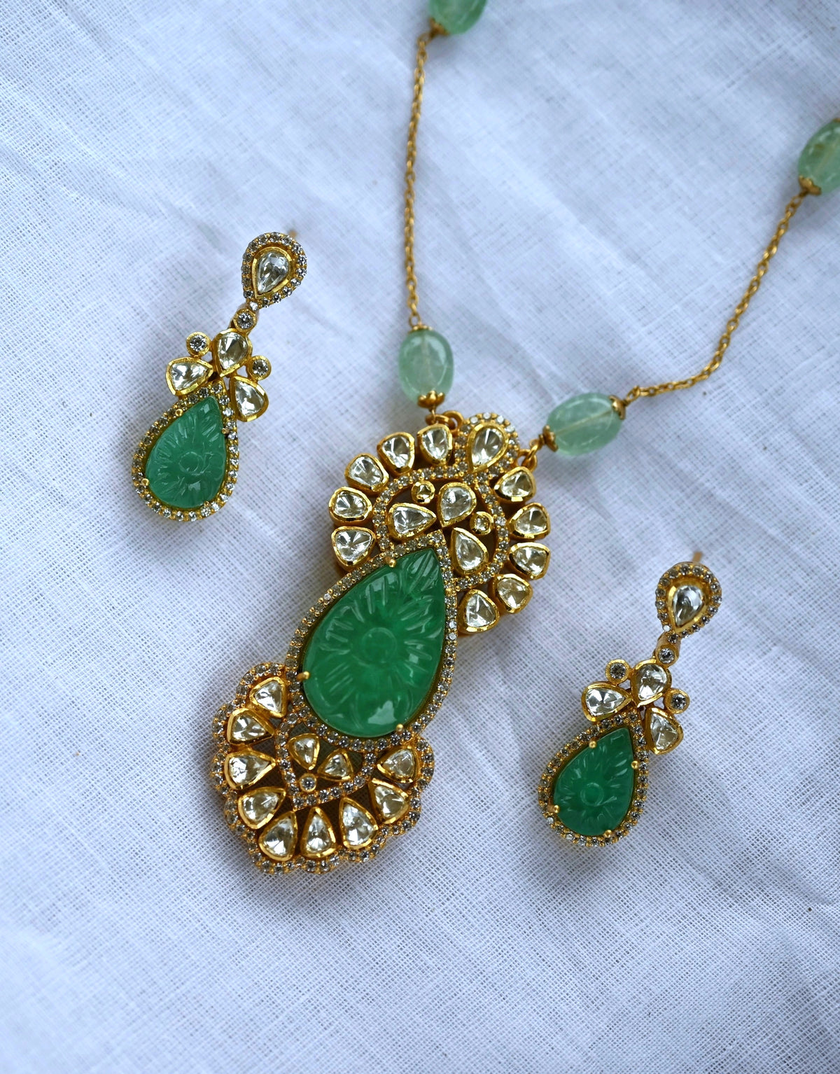 Victorian Carved Emerald Moissanite Polki Pendant Set