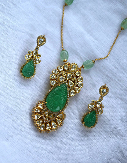 Victorian Carved Emerald Moissanite Polki Pendant Set