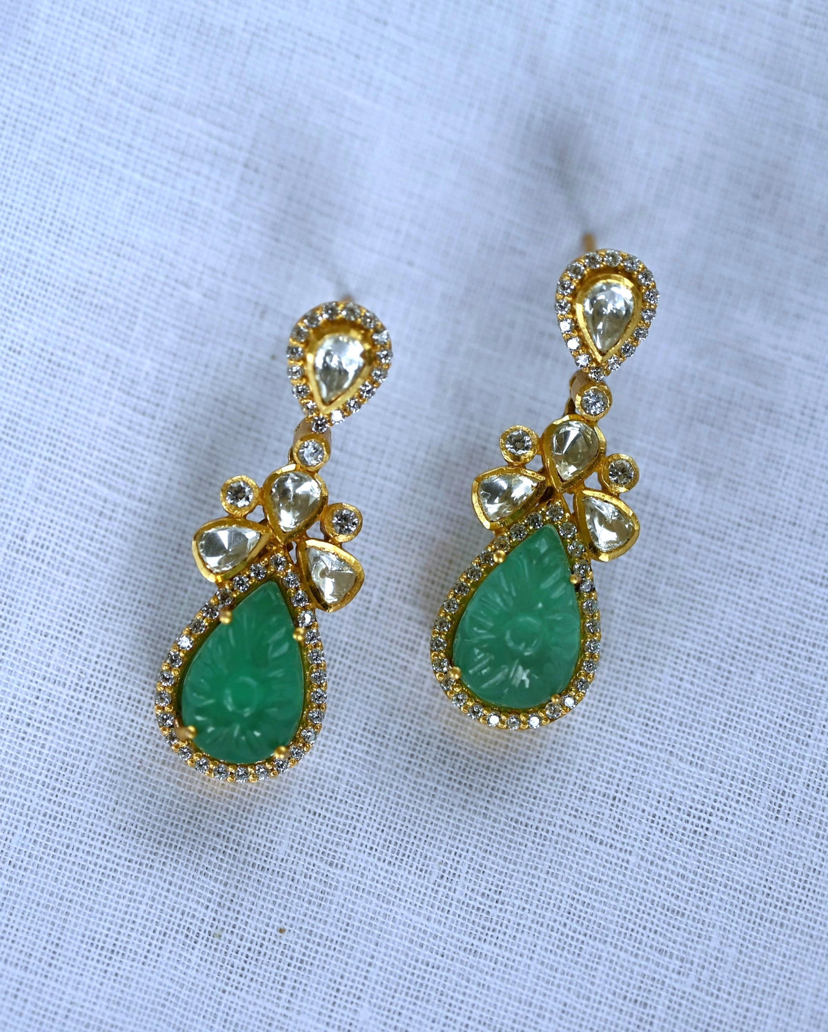 Victorian Carved Emerald Moissanite Polki Pendant Set