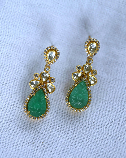 Victorian Carved Emerald Moissanite Polki Pendant Set